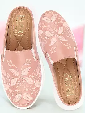 Women Peach Leaf Embroidery Back Open Mules Shoes