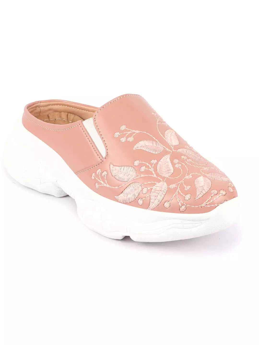 Women Peach Leaf Embroidery Back Open Mules Shoes