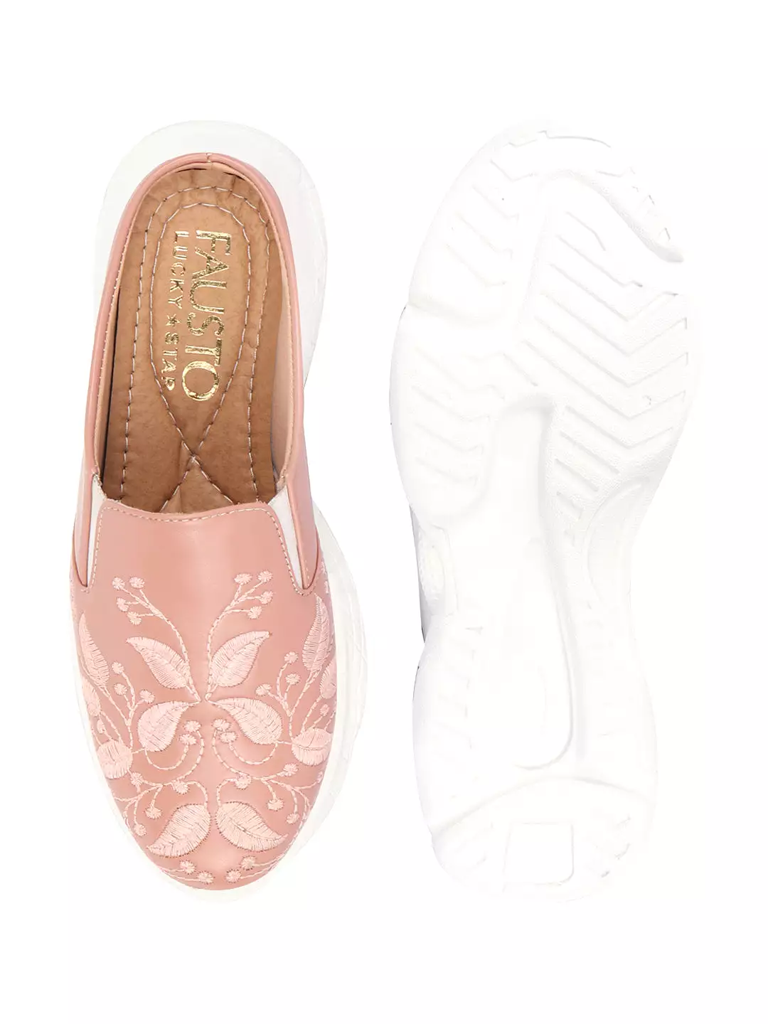 Women Peach Leaf Embroidery Back Open Mules Shoes