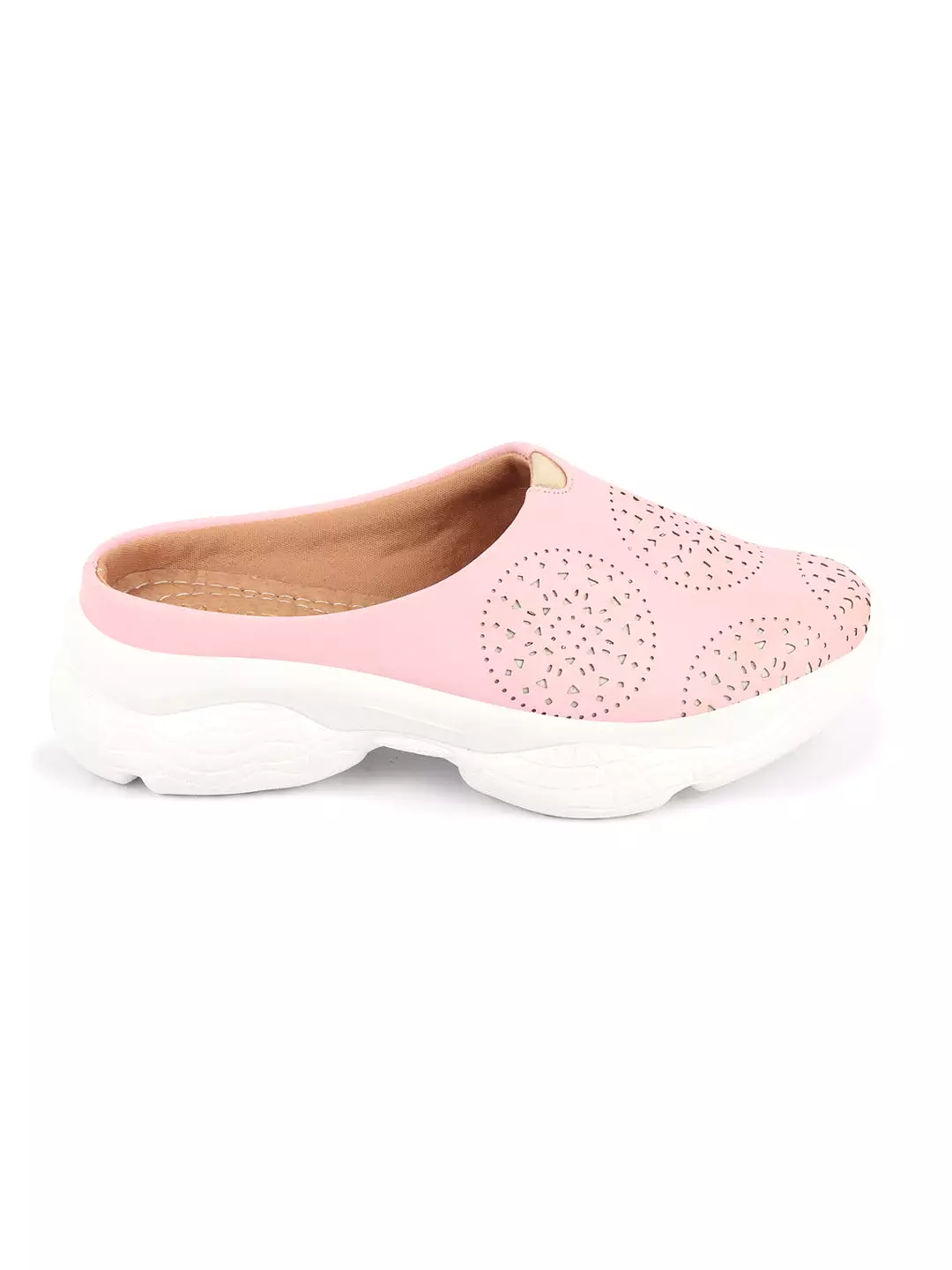 Women Pink Laser Cut Slip On Mules - Back Open Shoes