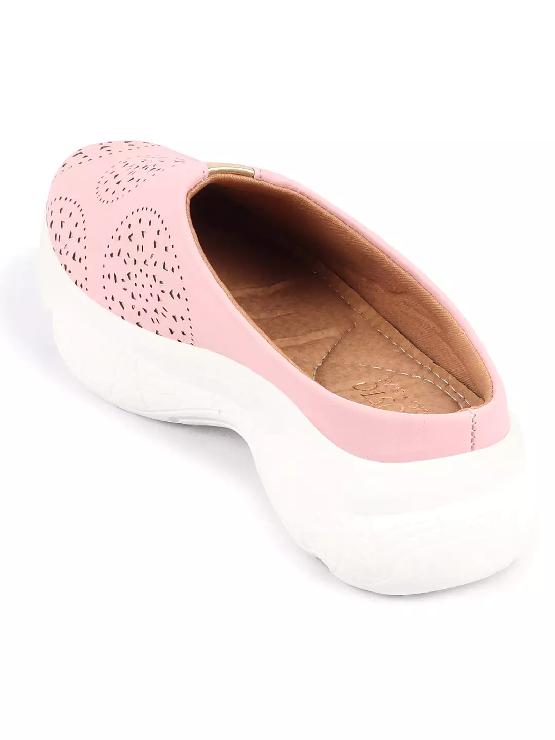 Women Pink Laser Cut Slip On Mules - Back Open Shoes