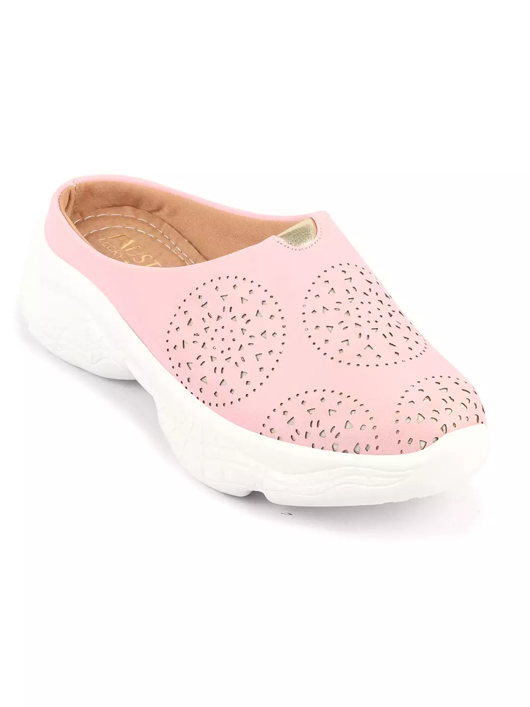 Women Pink Laser Cut Slip On Mules - Back Open Shoes