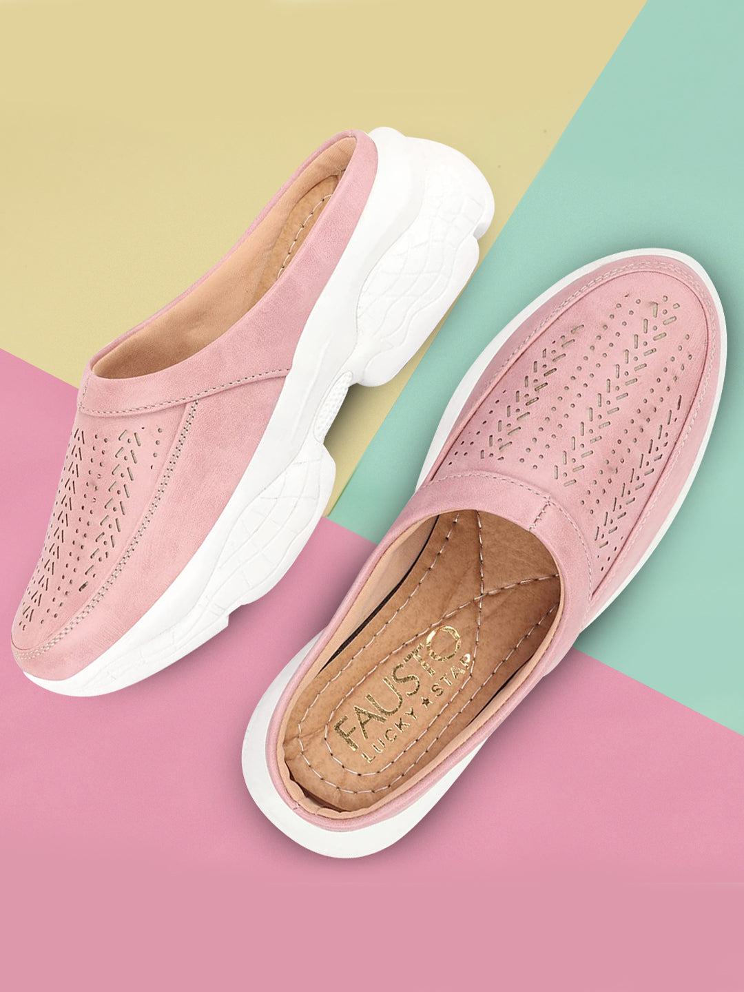 Women Pink Laser Cut Slip On Mules Shoes