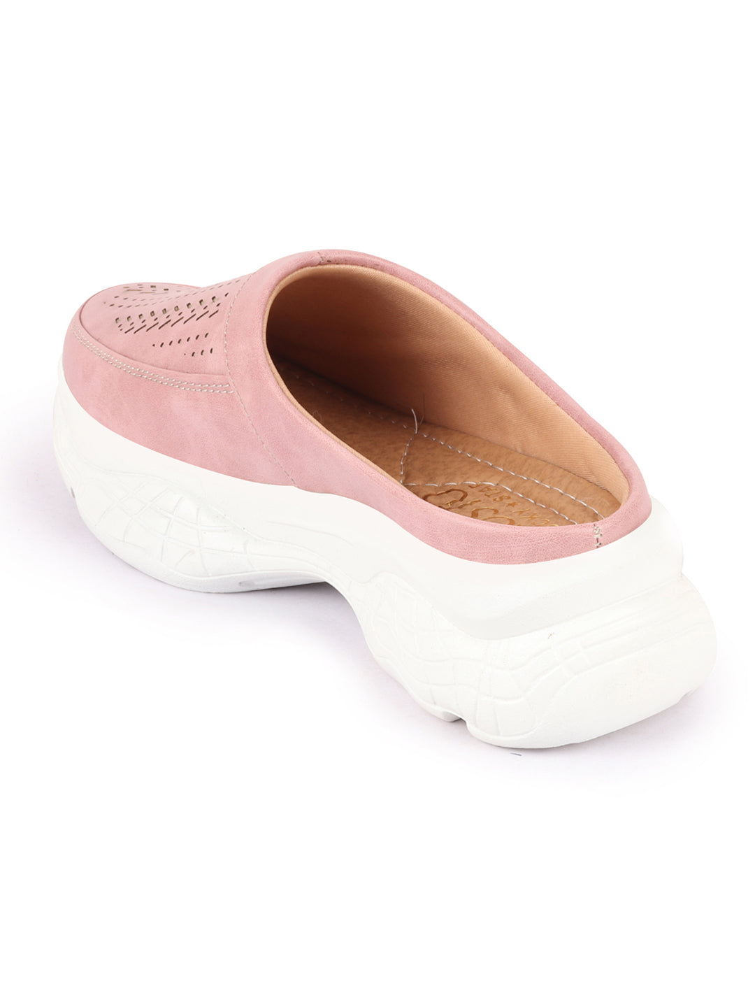 Women Pink Laser Cut Slip On Mules Shoes