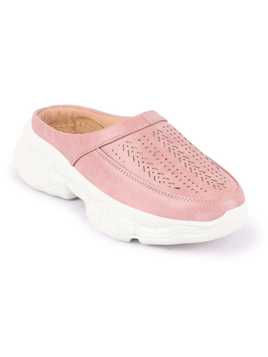 Women Pink Laser Cut Slip On Mules Shoes