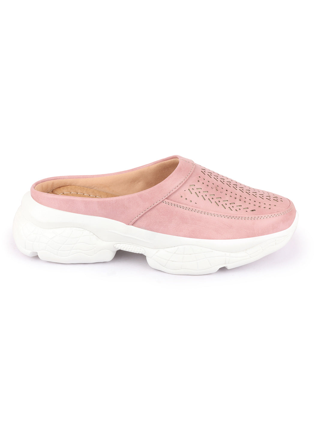 Women Pink Laser Cut Slip On Mules Shoes