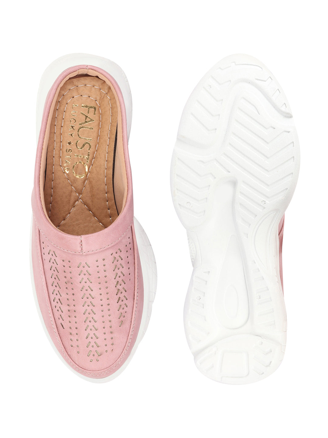 Women Pink Laser Cut Slip On Mules Shoes