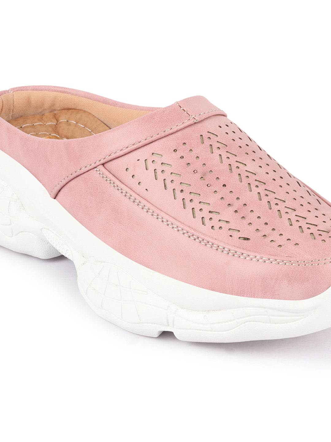 Women Pink Laser Cut Slip On Mules Shoes