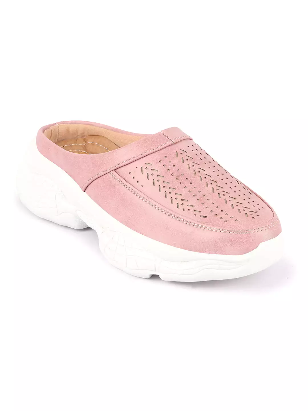 Women Pink Laser Cut Slip On Mules Shoes