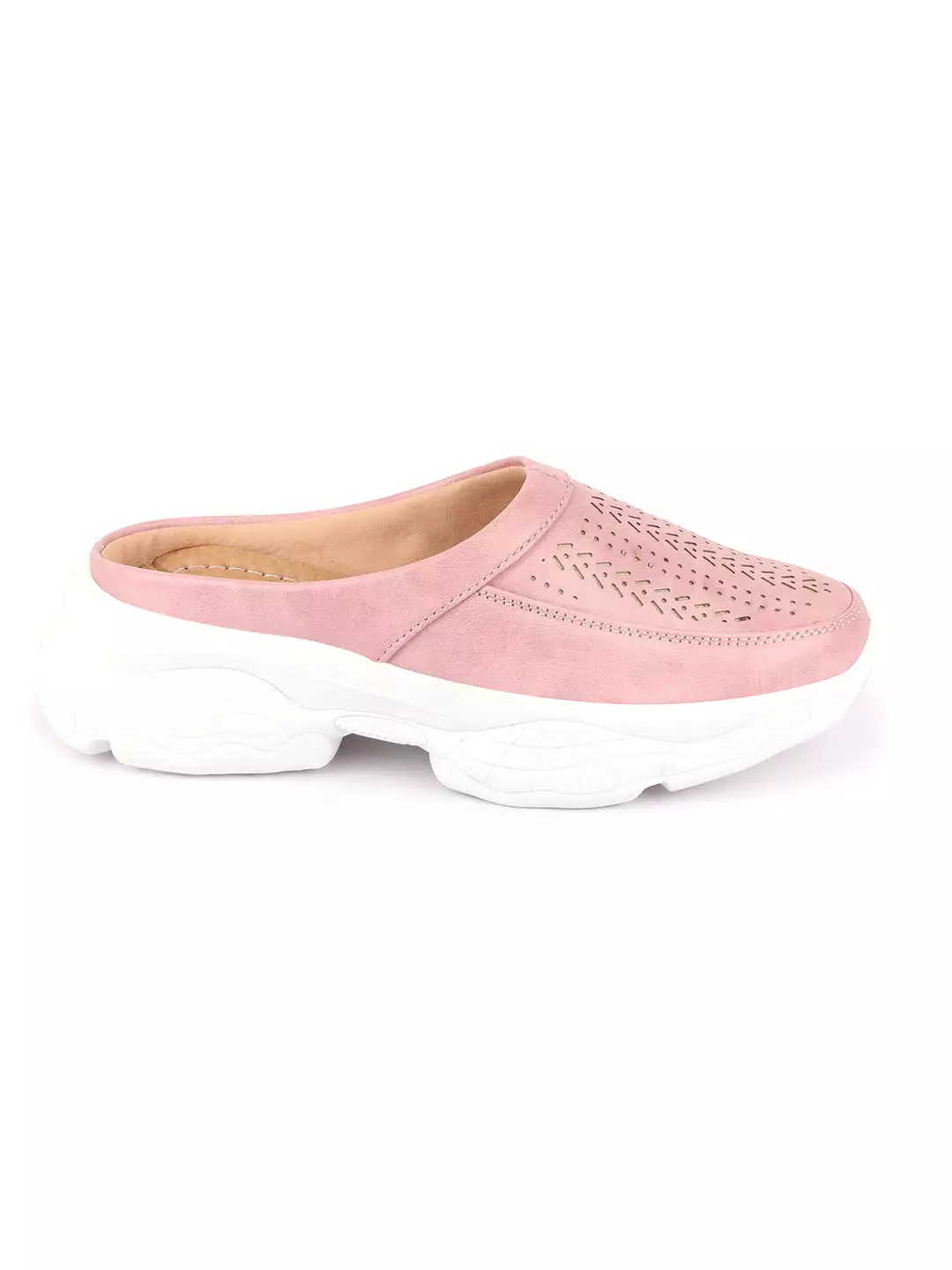 Women Pink Laser Cut Slip On Mules Shoes