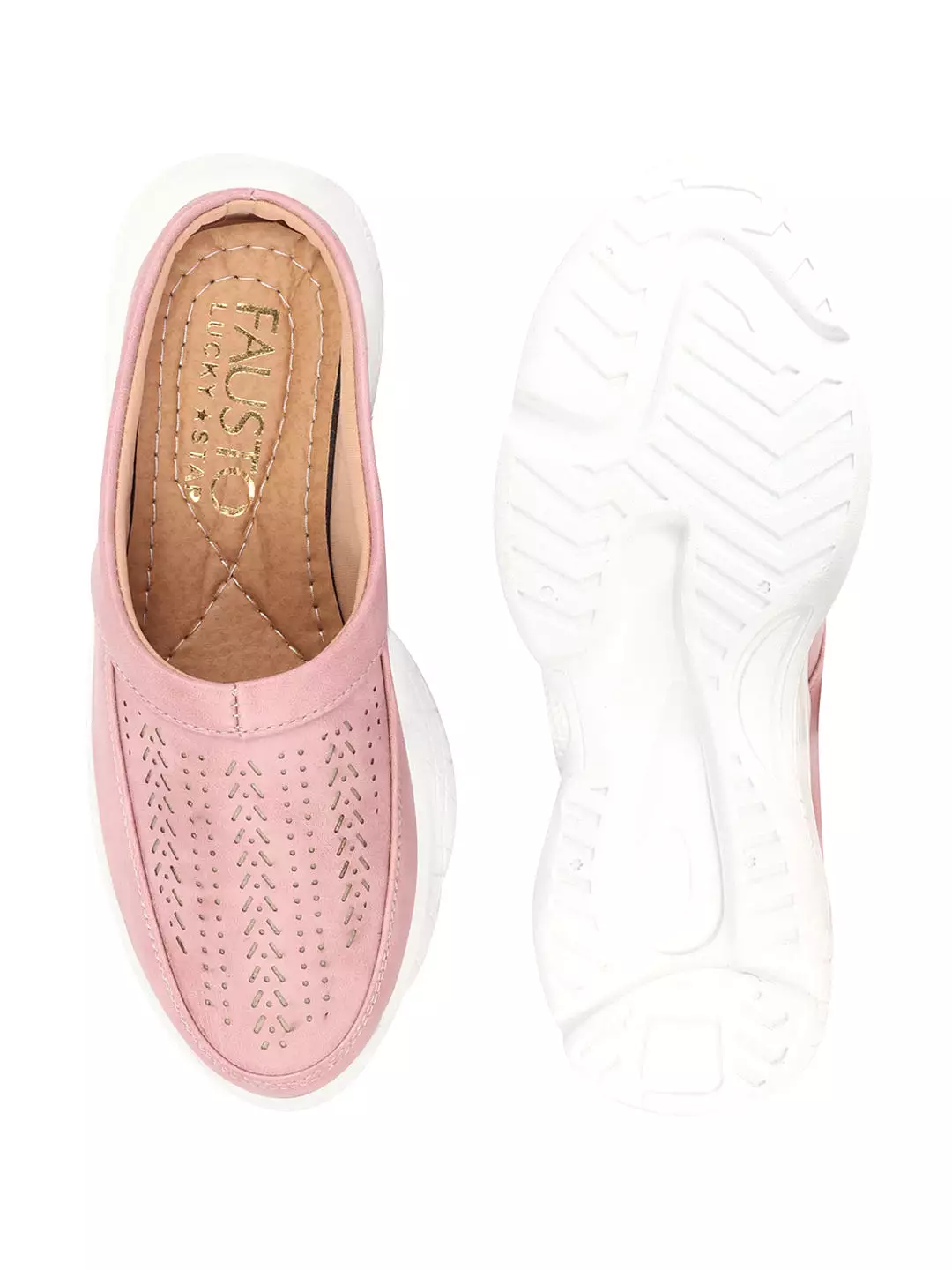 Women Pink Laser Cut Slip On Mules Shoes