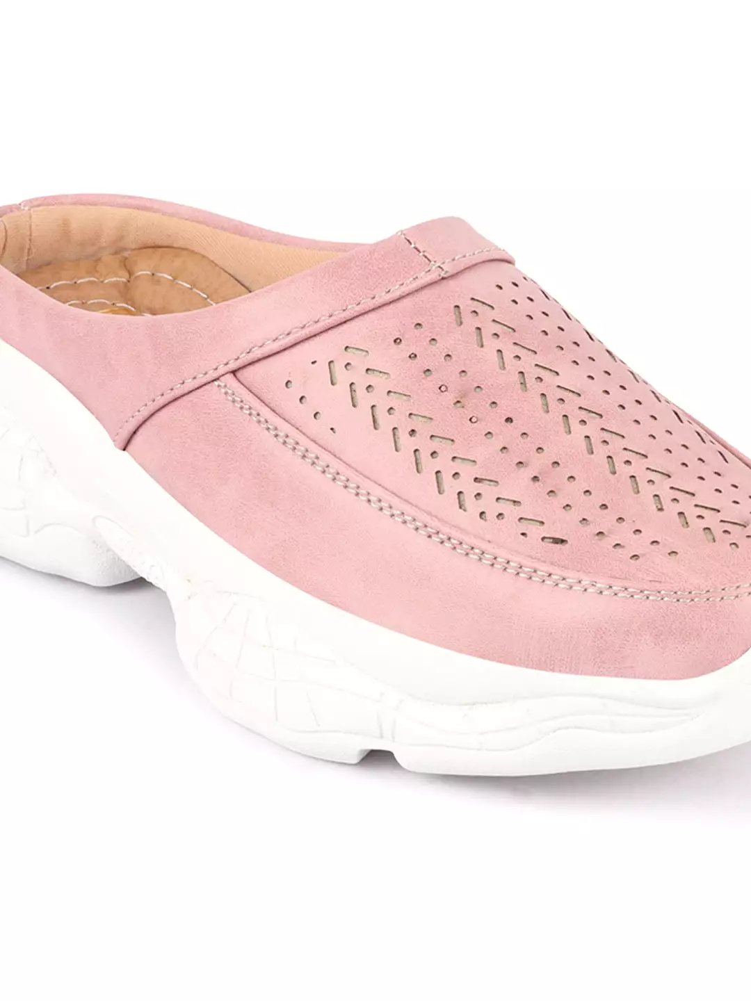 Women Pink Laser Cut Slip On Mules Shoes