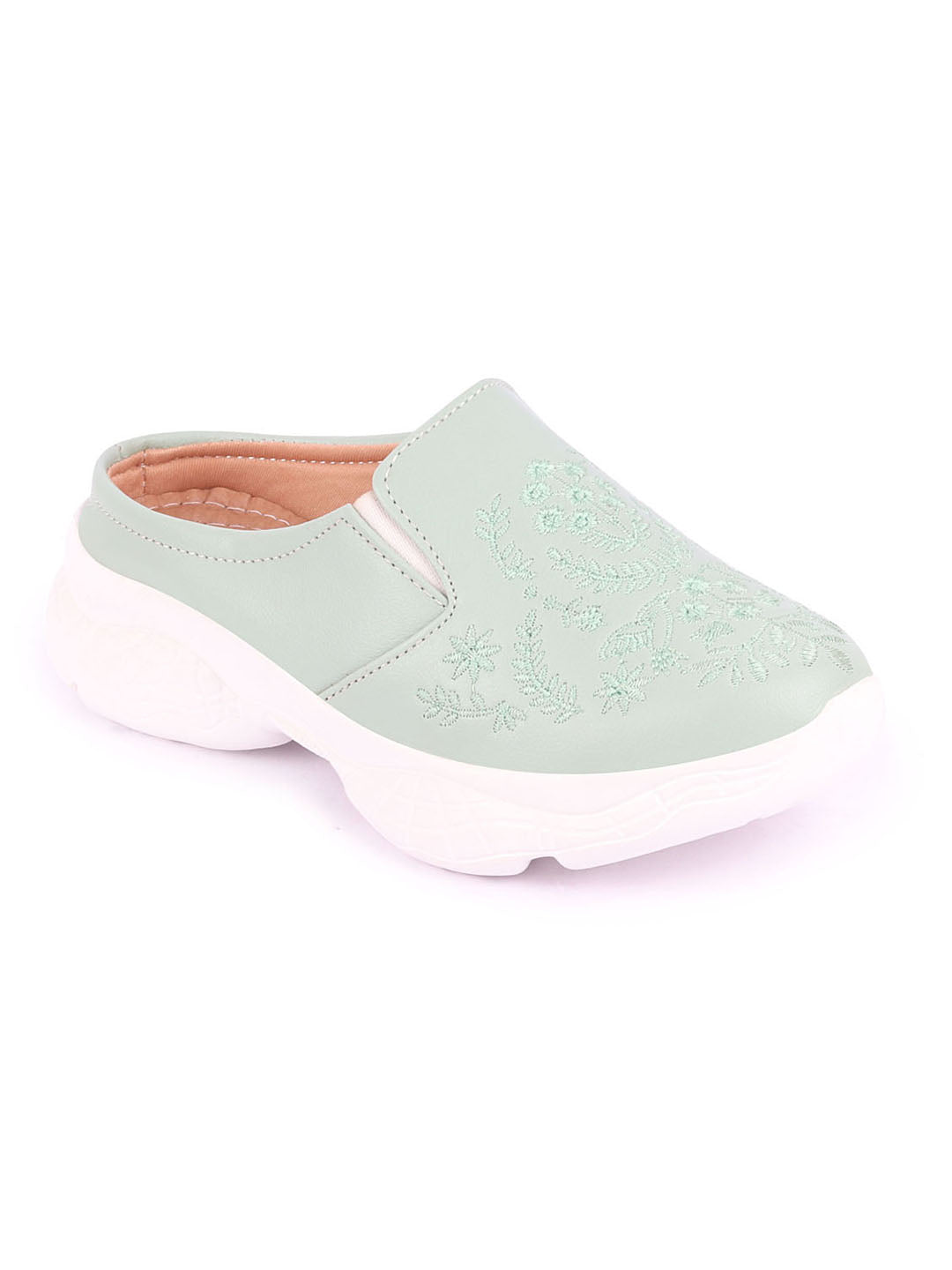 Women Pista Green Floral Print Embroidered Backless Mules Shoes.