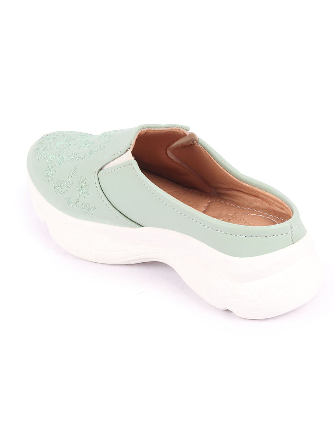 Women Pista Green Floral Print Embroidered Backless Mules Shoes.