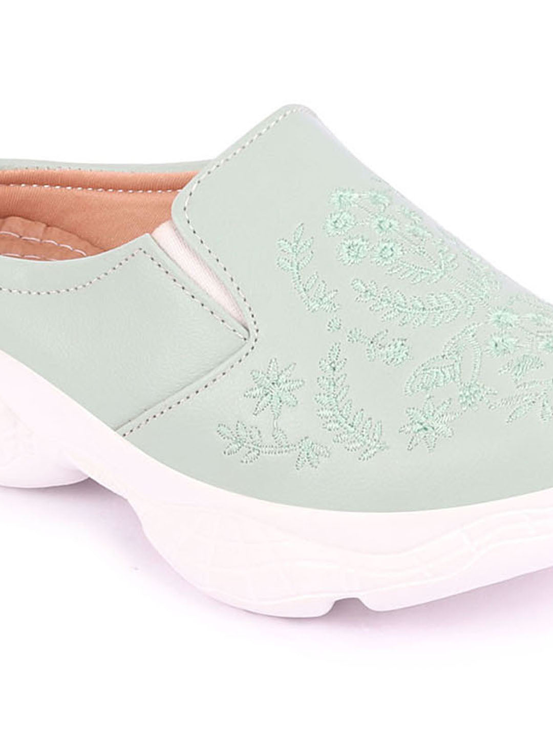 Women Pista Green Floral Print Embroidered Backless Mules Shoes.