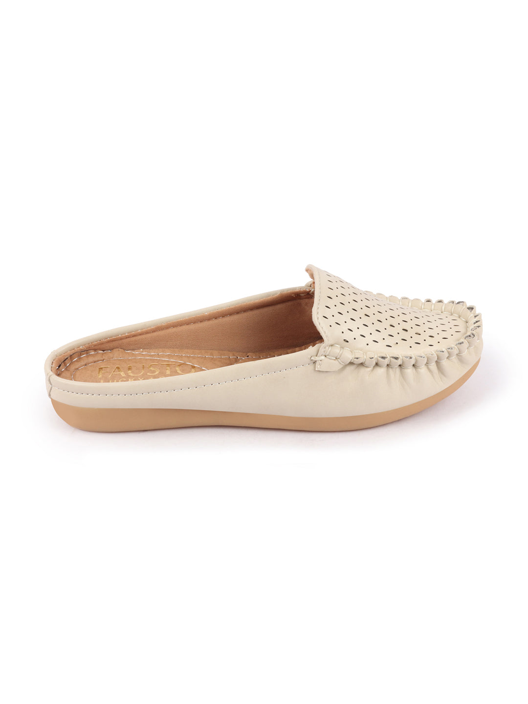 Women Side Stitched Laser Cut Slip On Mules Shoes in Cream with Open Back