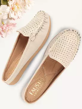 Women Side Stitched Laser Cut Slip On Mules Shoes in Cream with Open Back