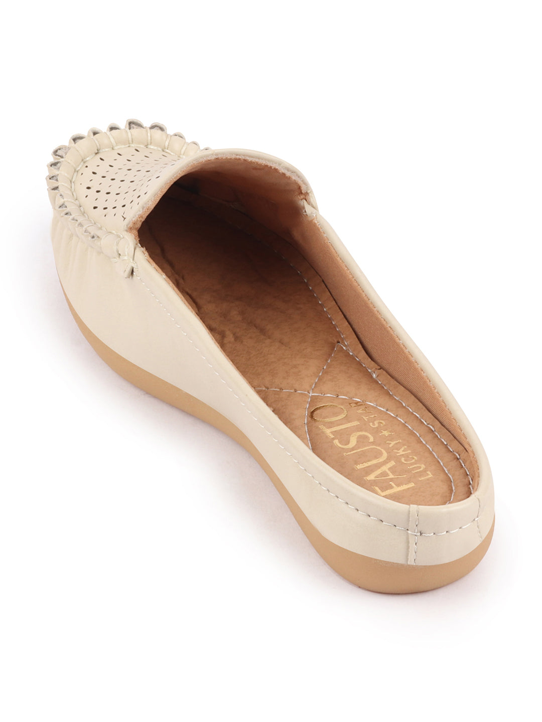 Women Side Stitched Laser Cut Slip On Mules Shoes in Cream with Open Back