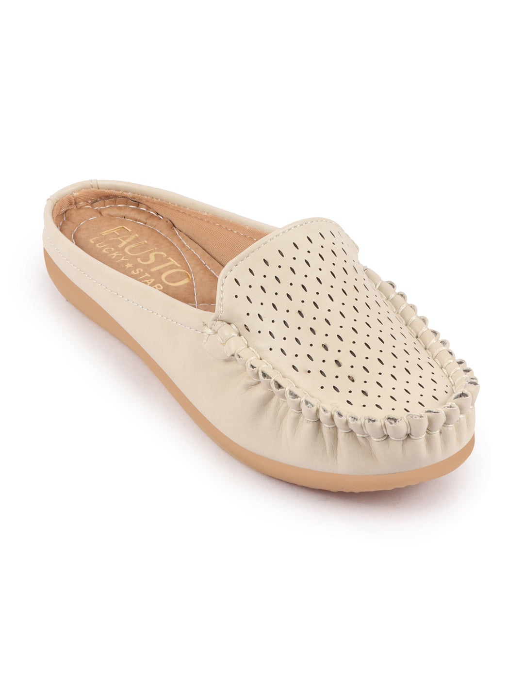 Women Side Stitched Laser Cut Slip On Mules Shoes in Cream with Open Back