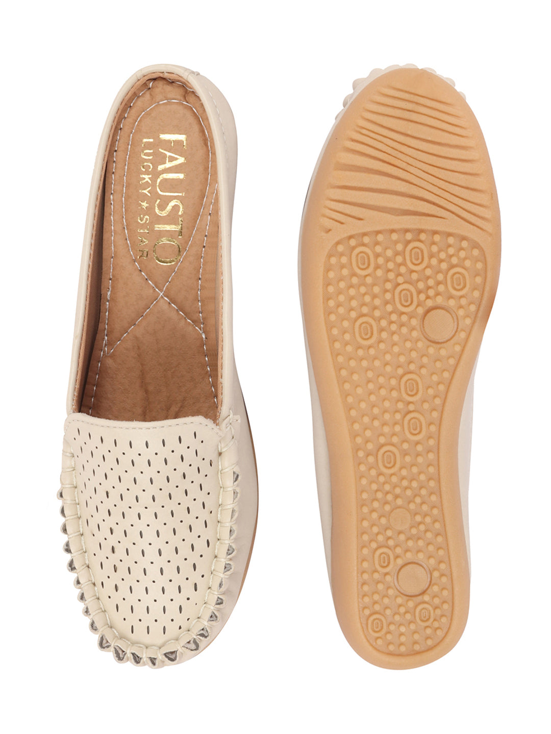 Women Side Stitched Laser Cut Slip On Mules Shoes in Cream with Open Back