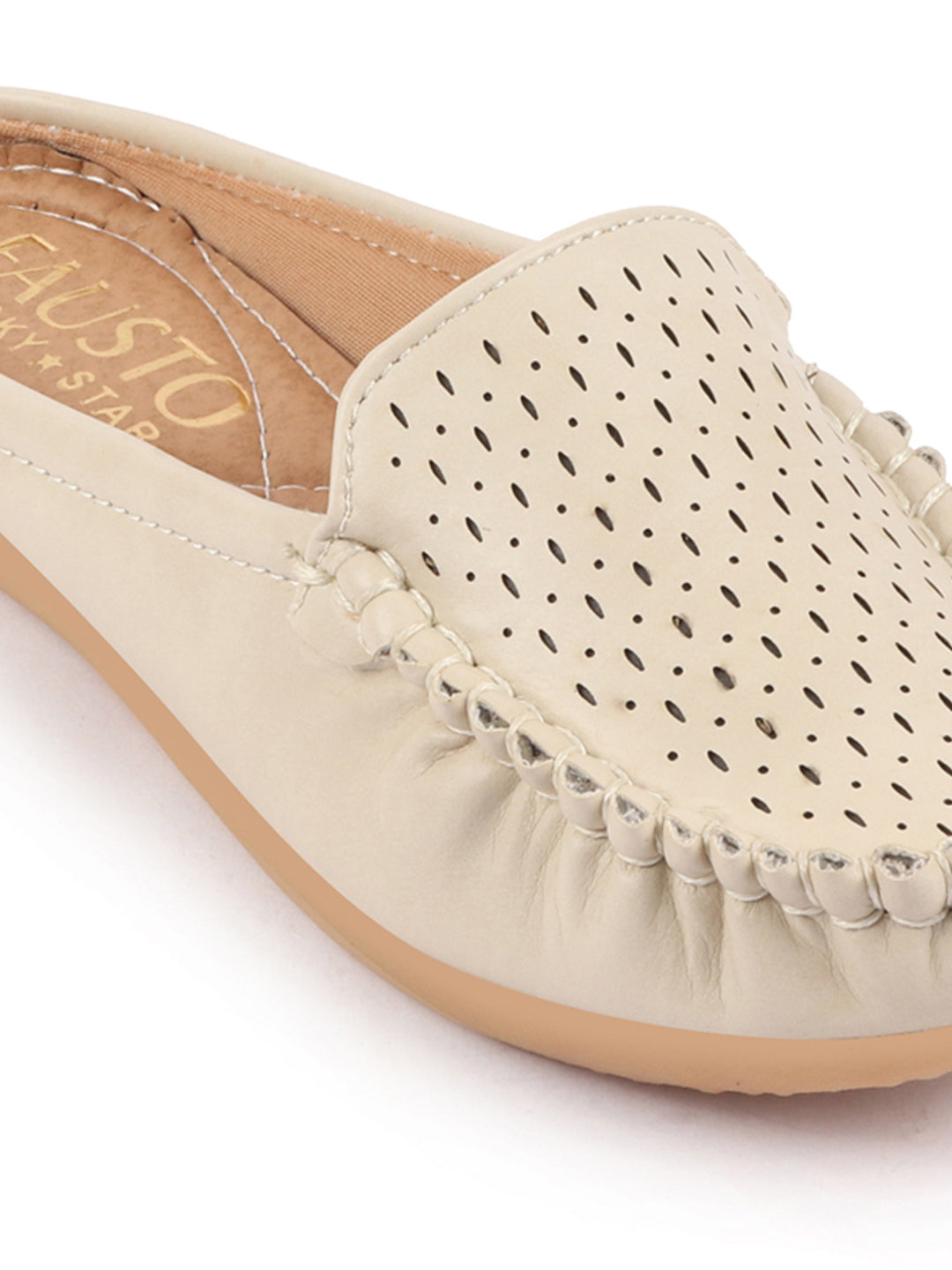 Women Side Stitched Laser Cut Slip On Mules Shoes in Cream with Open Back