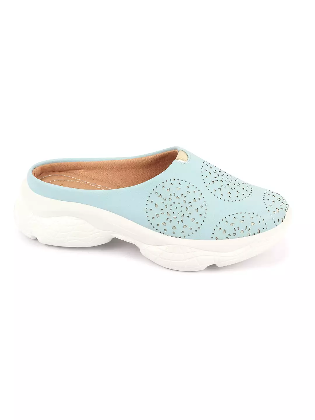 Women Sky Blue Slip On Mules Shoes with Laser Cut Design