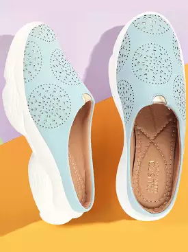 Women Sky Blue Slip On Mules Shoes with Laser Cut Design