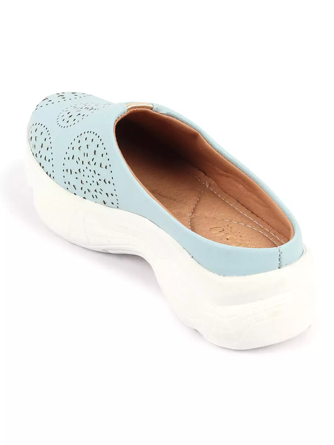 Women Sky Blue Slip On Mules Shoes with Laser Cut Design