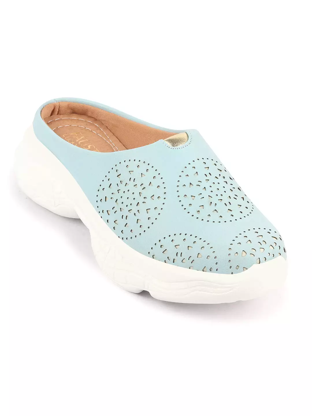 Women Sky Blue Slip On Mules Shoes with Laser Cut Design