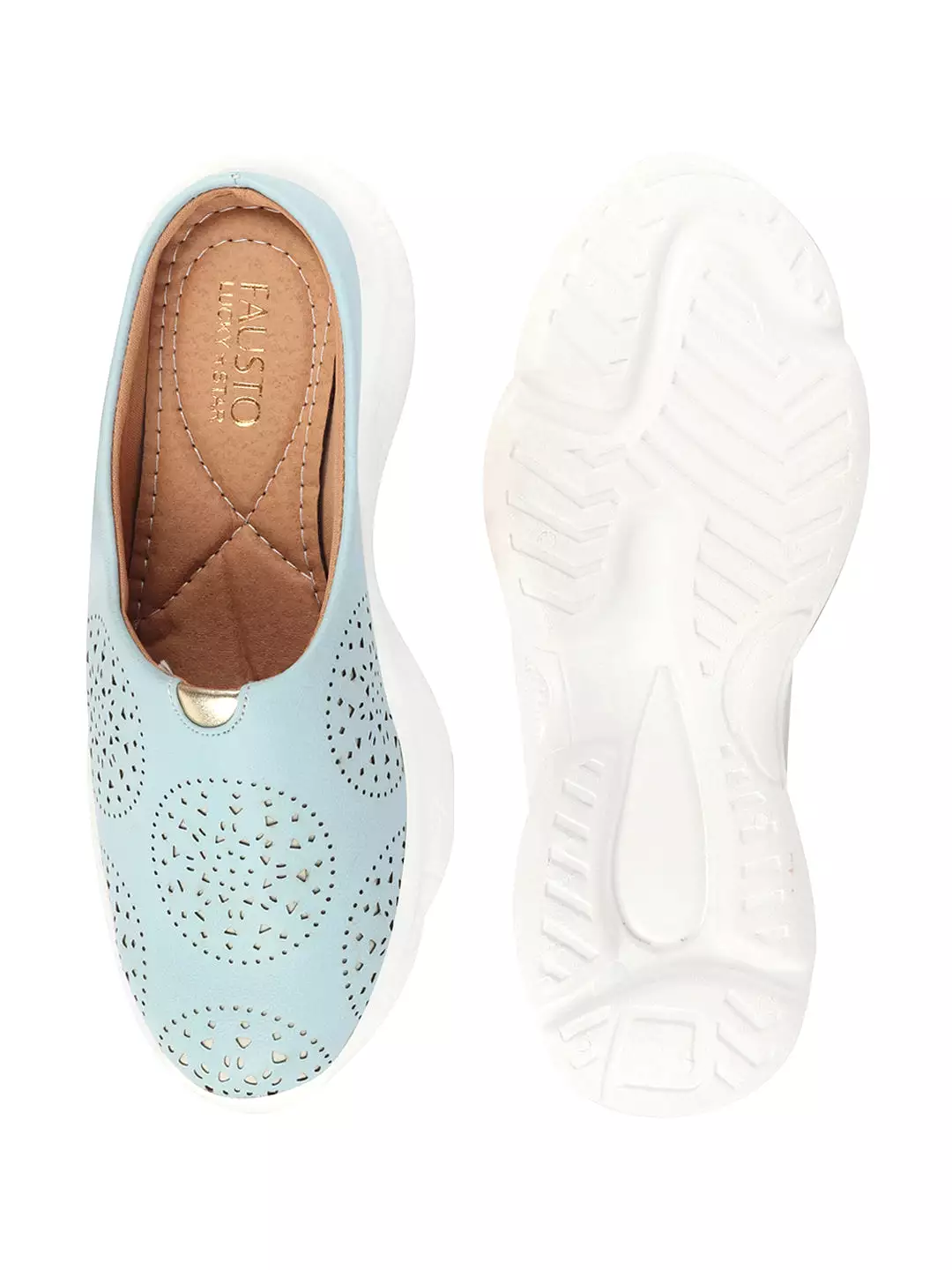 Women Sky Blue Slip On Mules Shoes with Laser Cut Design