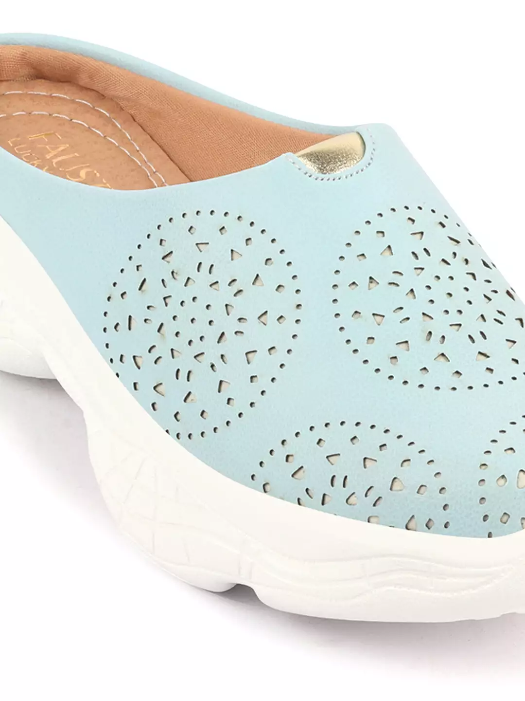 Women Sky Blue Slip On Mules Shoes with Laser Cut Design