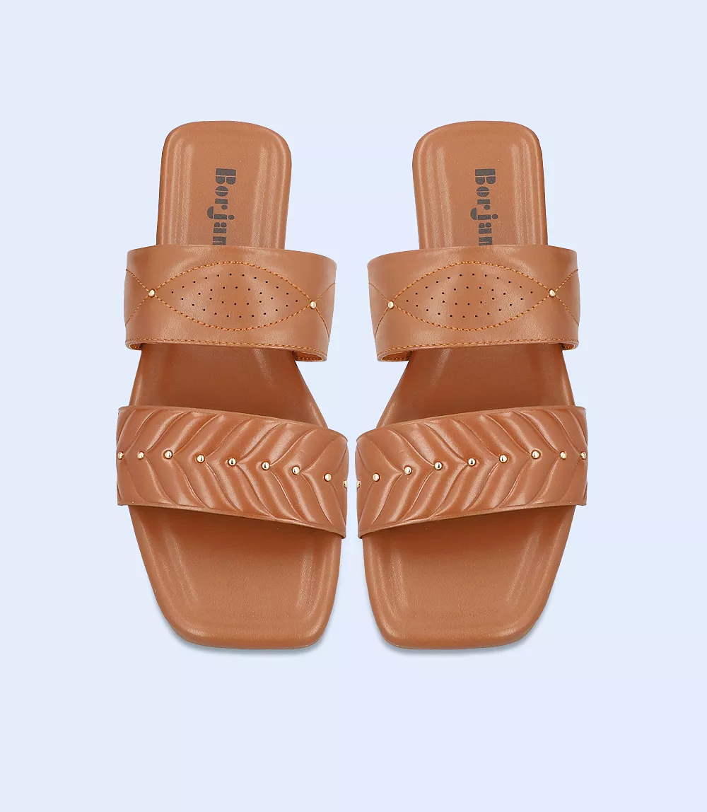 Women Slip-On Casual Slippers with Stylish Tan Design - BW7344