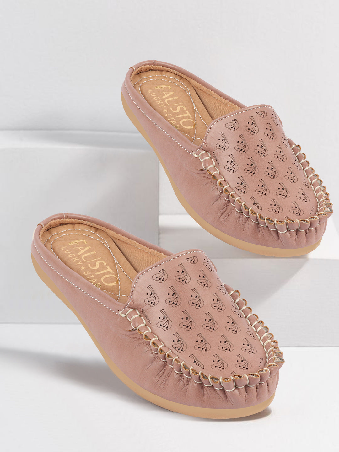 Women Slip On Mules Shoes | Peach Print | Back Open | Side Stitched