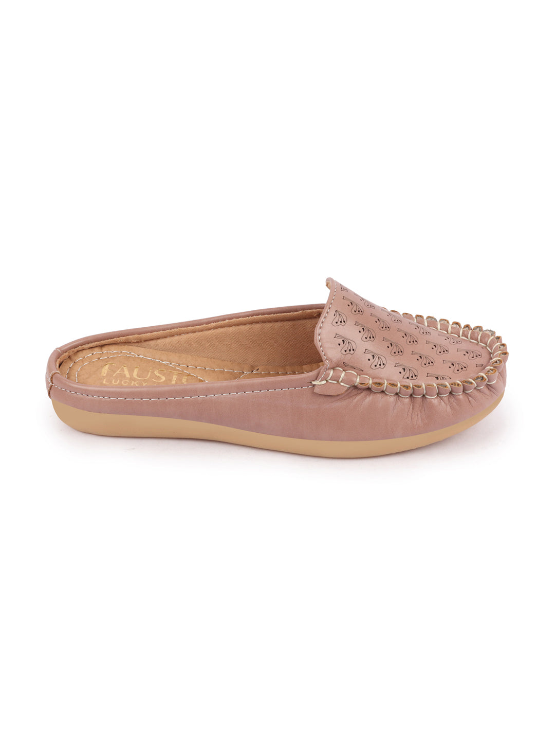 Women Slip On Mules Shoes | Peach Print | Back Open | Side Stitched