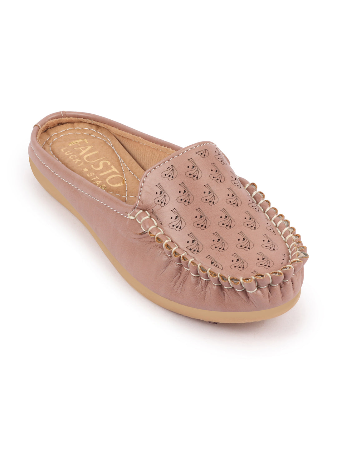 Women Slip On Mules Shoes | Peach Print | Back Open | Side Stitched