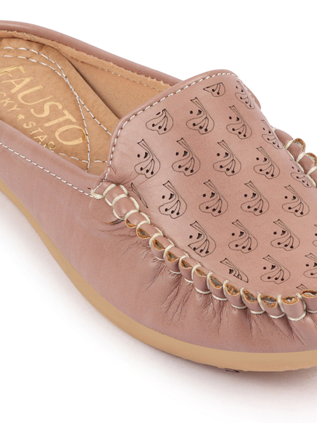 Women Slip On Mules Shoes | Peach Print | Back Open | Side Stitched