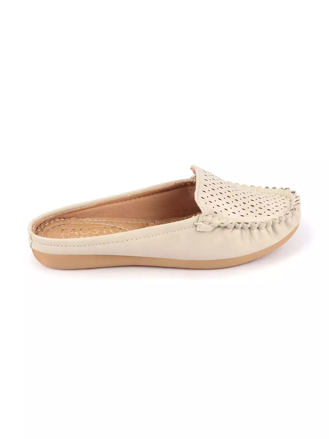 Women Slip On Mules Shoes - Cream Color with Side Stitched Laser Cut Design (Back Open)