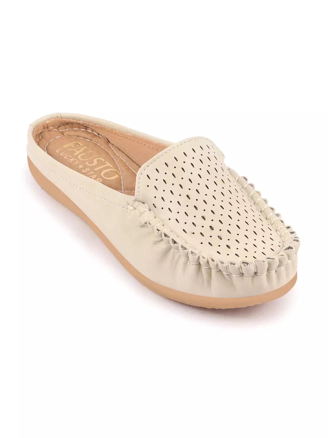 Women Slip On Mules Shoes - Cream Color with Side Stitched Laser Cut Design (Back Open)