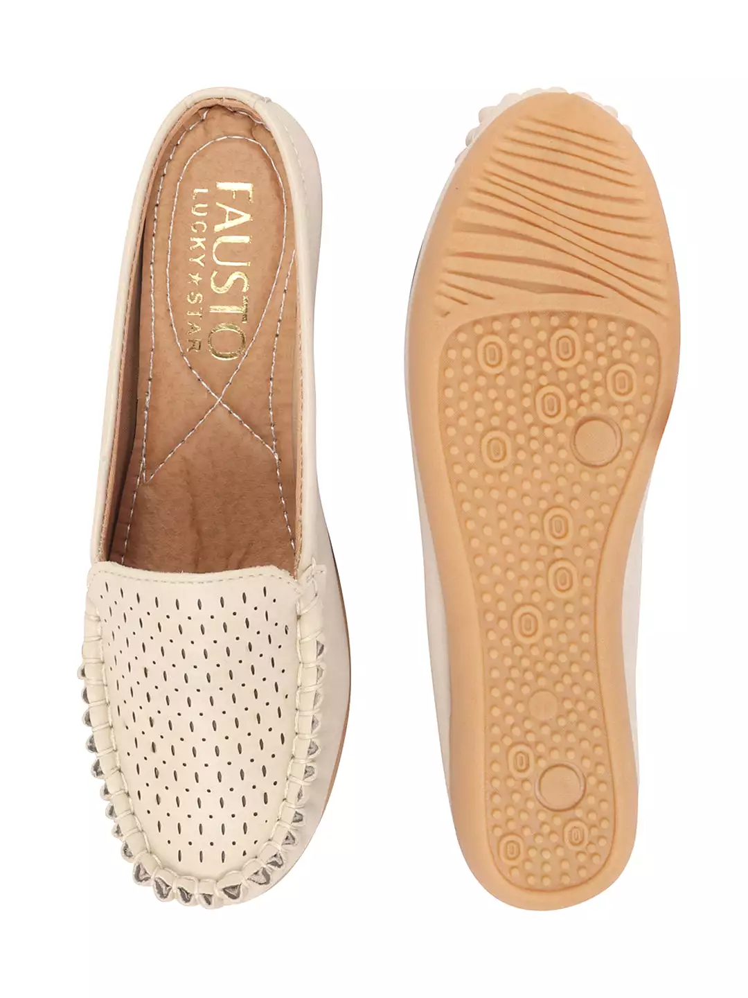 Women Slip On Mules Shoes - Cream Color with Side Stitched Laser Cut Design (Back Open)