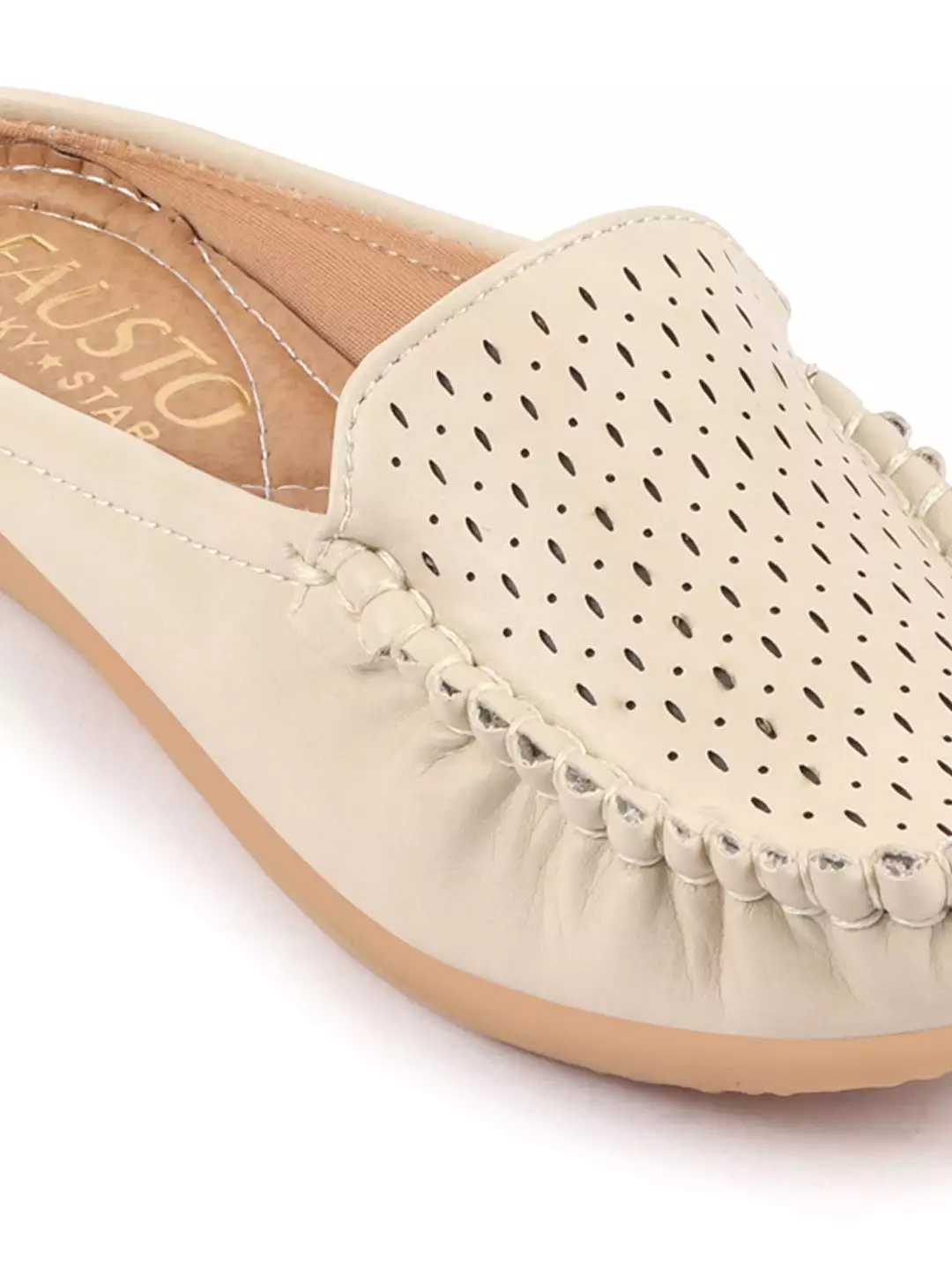 Women Slip On Mules Shoes - Cream Color with Side Stitched Laser Cut Design (Back Open)