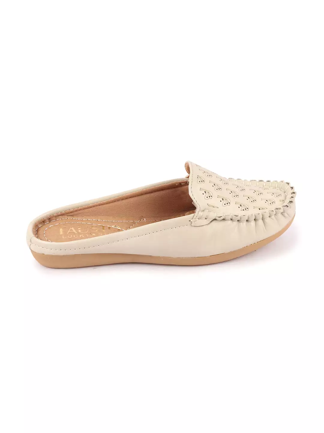 Women Slip On Mules Shoes - Cream, Side Stitched, Printed, Back Open