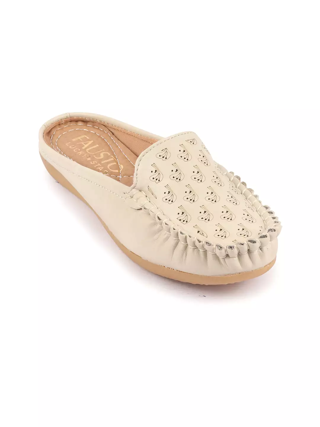 Women Slip On Mules Shoes - Cream, Side Stitched, Printed, Back Open