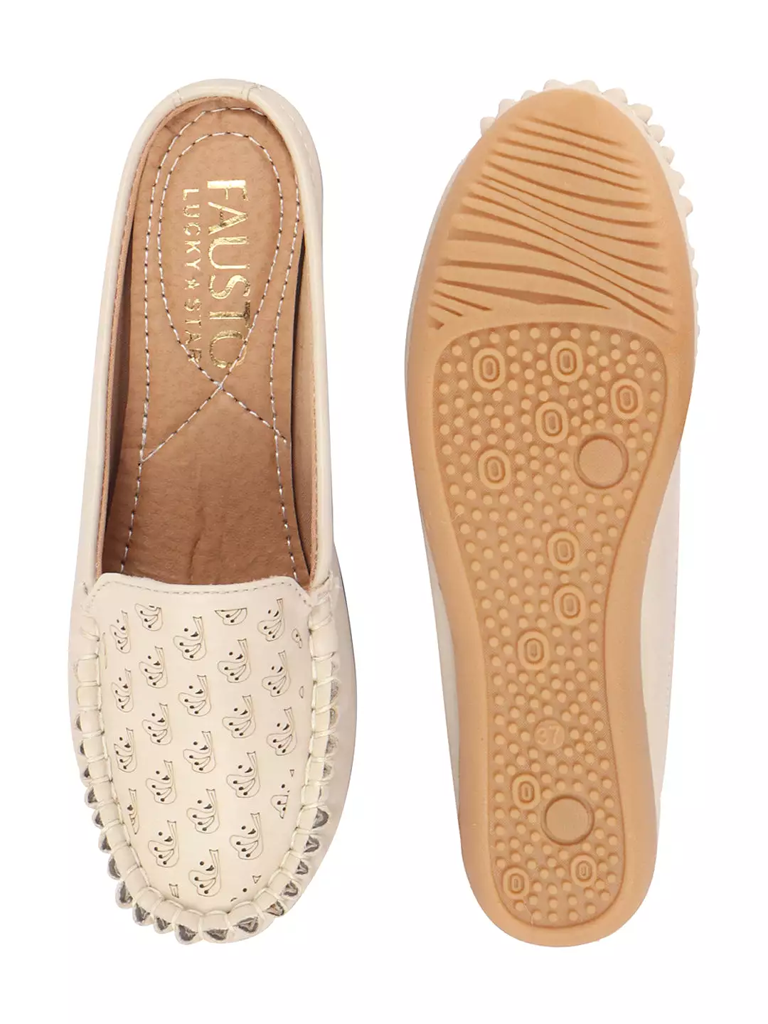 Women Slip On Mules Shoes - Cream, Side Stitched, Printed, Back Open