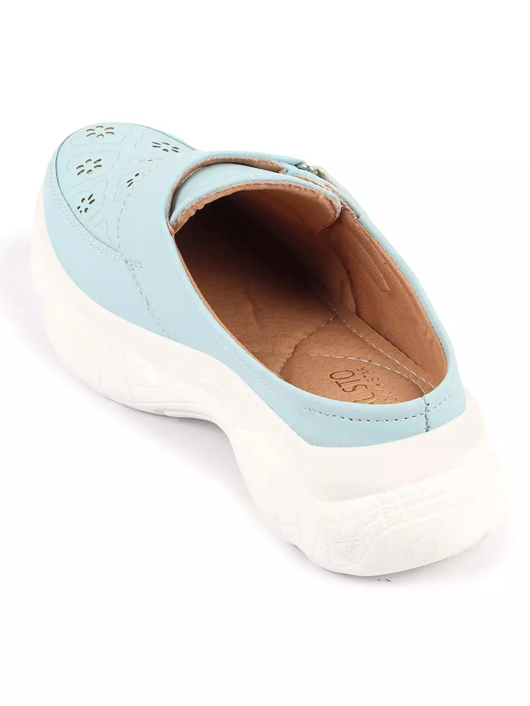 Women Slip On Mules Shoes - Sky Blue Laser Cut Floral Design - Hook and Loop Back Open