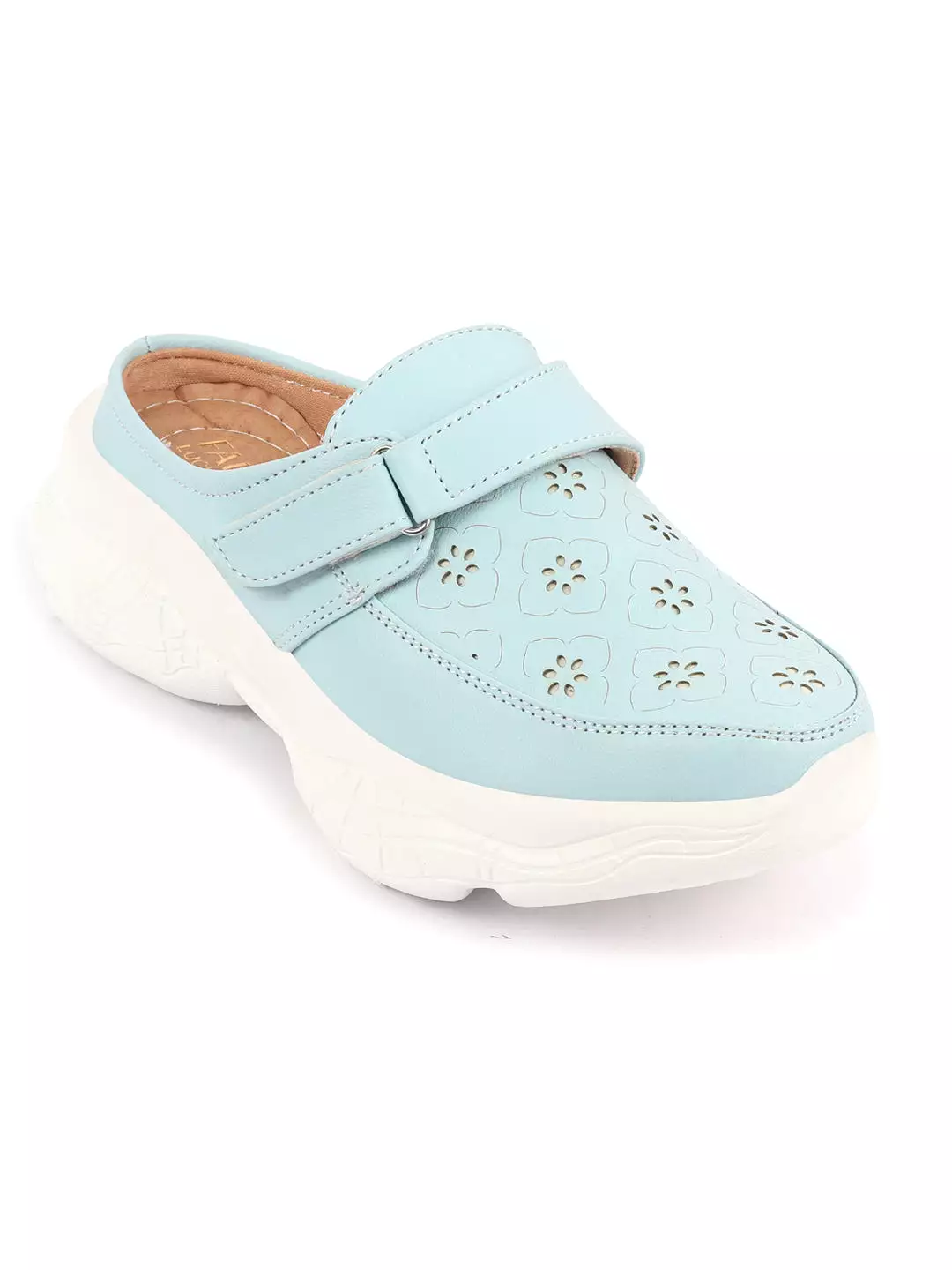 Women Slip On Mules Shoes - Sky Blue Laser Cut Floral Design - Hook and Loop Back Open