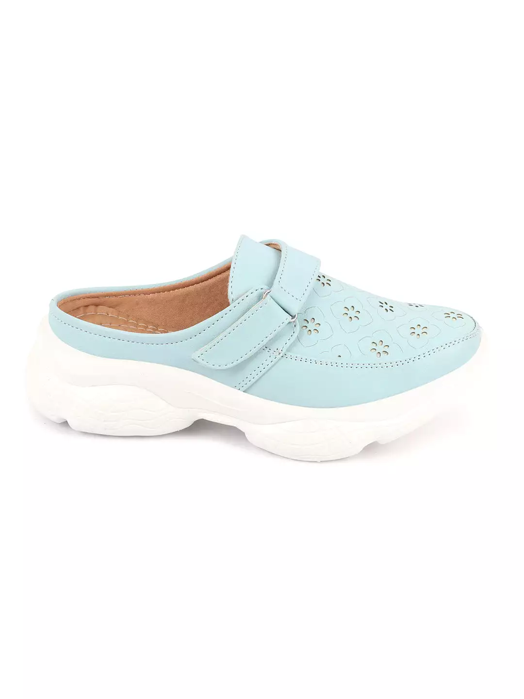 Women Slip On Mules Shoes - Sky Blue Laser Cut Floral Design - Hook and Loop Back Open