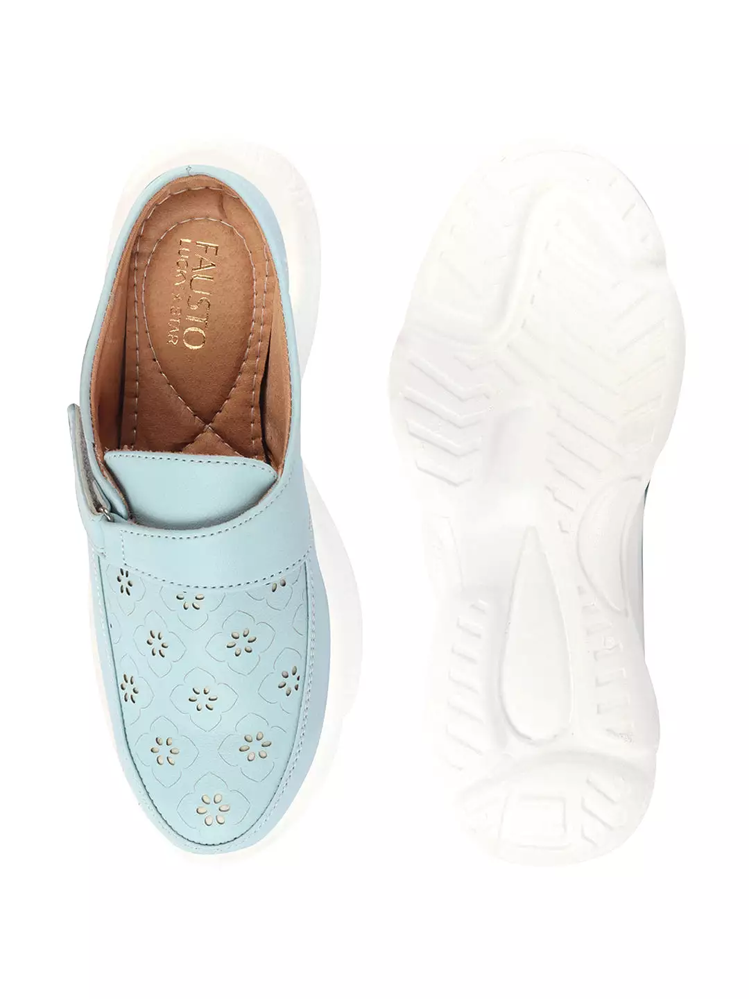 Women Slip On Mules Shoes - Sky Blue Laser Cut Floral Design - Hook and Loop Back Open