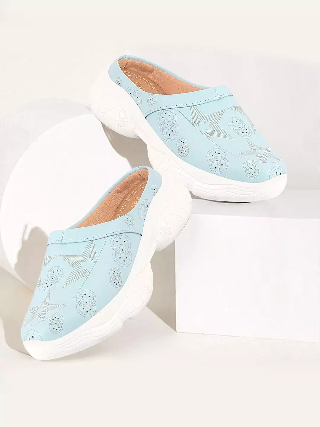 Women Slip-On Mules Shoes - Sky Blue Laser Cut Star Design, Back Open