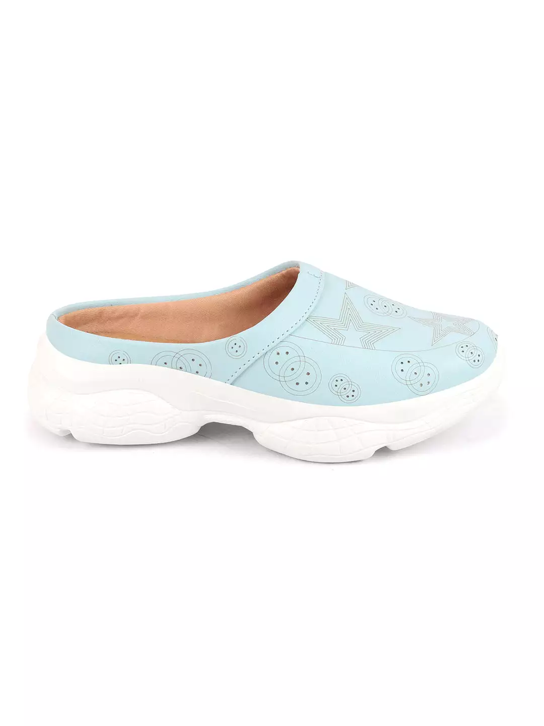 Women Slip-On Mules Shoes - Sky Blue Laser Cut Star Design, Back Open