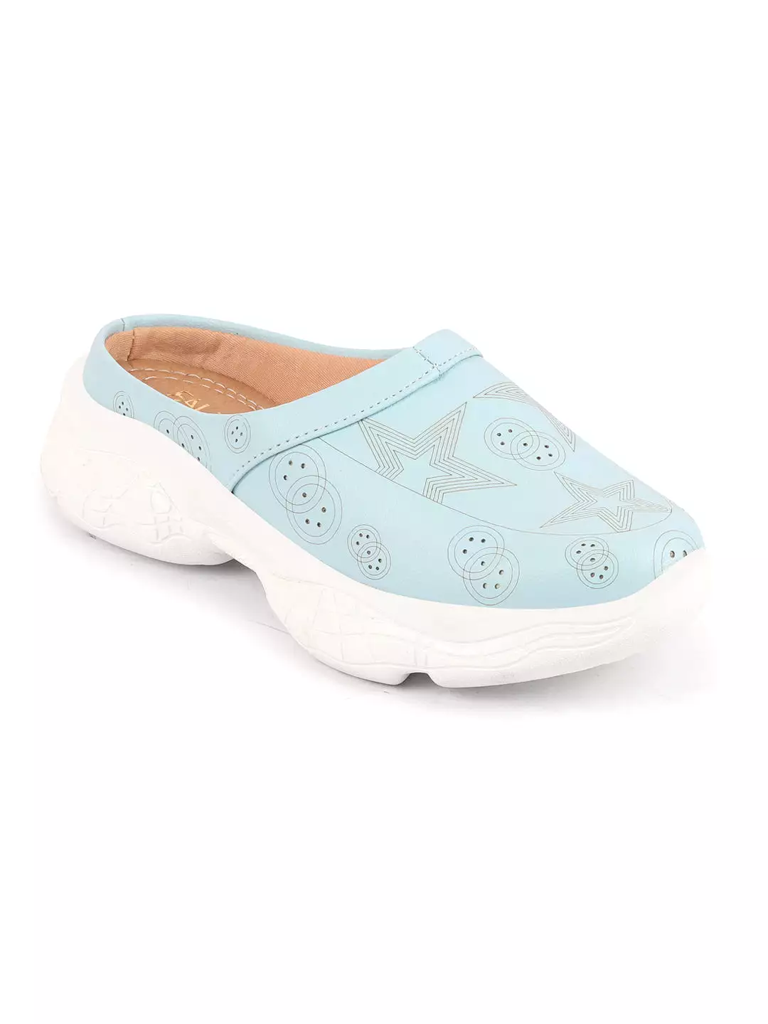 Women Slip-On Mules Shoes - Sky Blue Laser Cut Star Design, Back Open